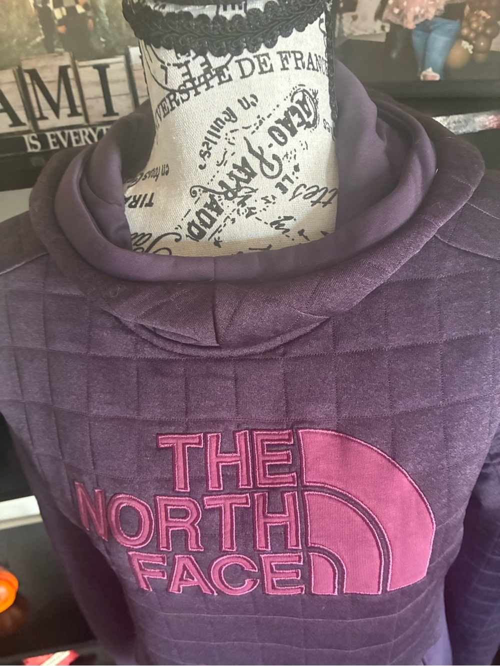 The North Face Women's Dark Purple Quilted Pullover Hoodie with Pink Logo - Picture 9 of 11